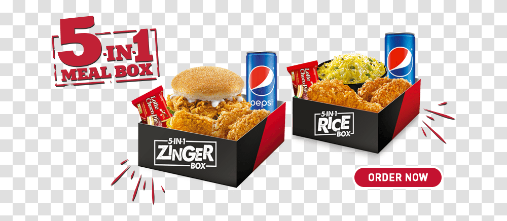 In 1 Zinger Meal Box Kfc Kfc Menu 5 En, Burger, Food, Soda, Beverage Transparent Png