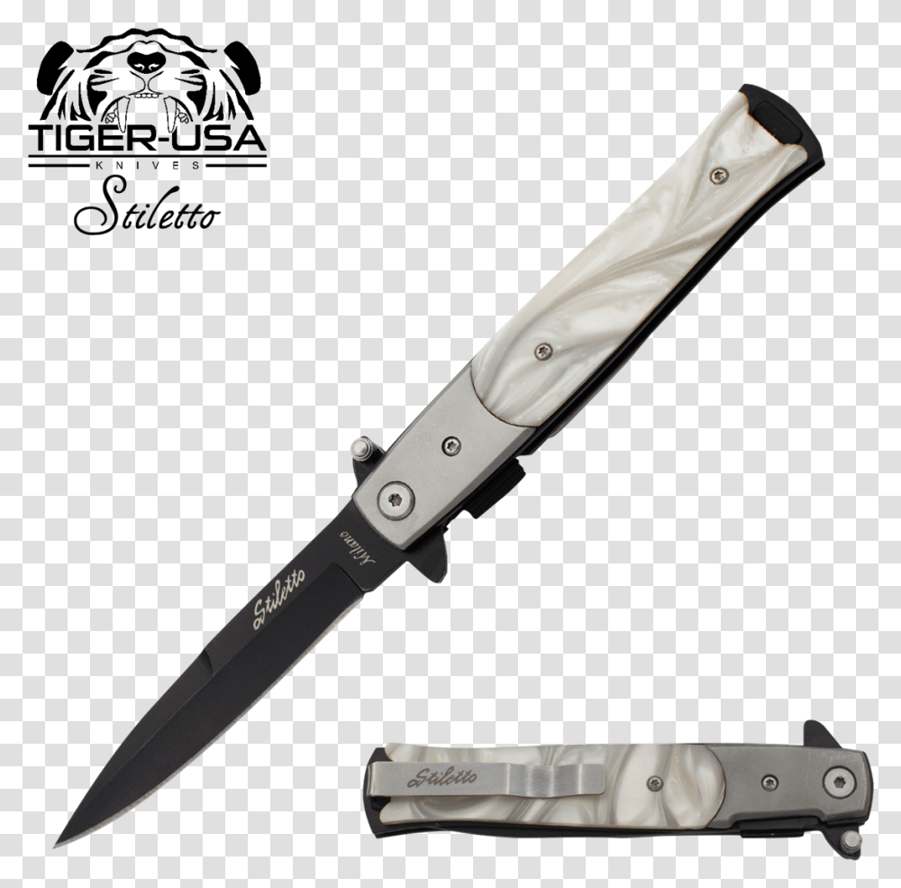Inch Godfather Stiletto Style Folding Knife Pearl White And Black Stiletto Knife, Blade, Weapon, Weaponry, Dagger Transparent Png