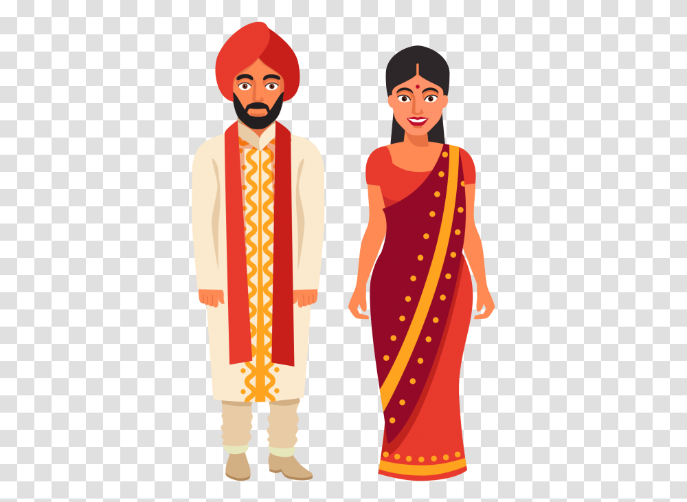 Indian Wedding Couple Indian People Cartoon, Clothing, Apparel, Sari, Silk Transparent Png