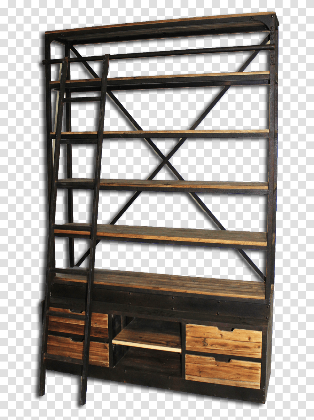 Industrial Bookshelf With Ladder, Furniture, Wood, Cabinet, Hardwood Transparent Png