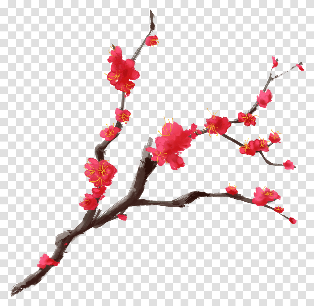 Ink Plum Chinese Style Red Hand Painted Branches Red Chinese Cherry Blossom, Plant, Flower Transparent Png