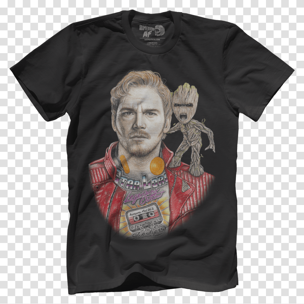 Inked Star Lord And Baby Groot American Af Aaf Nation Back To Back World War Champs Shirt, Clothing, Apparel, T-Shirt, Person Transparent Png