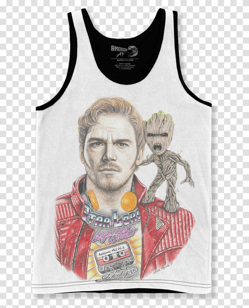Inked Star Lord & Baby Groot American Af Aaf Nation Danny Trejo Tank Top, Clothing, Apparel, Person, Human Transparent Png