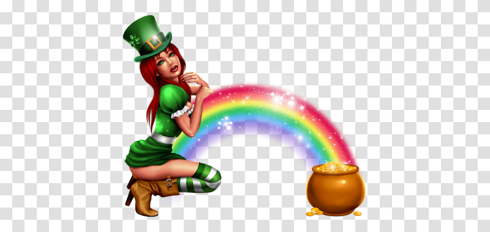 Irish Girl With Gold Pot And Rainbow Official Psds Female Leperchaun Clipart, Toy, Helmet, Clothing, Person Transparent Png
