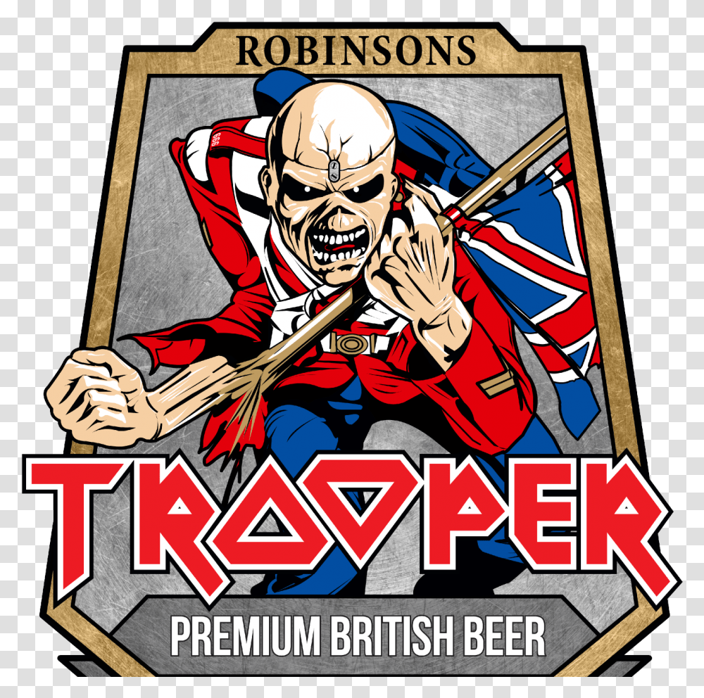 Iron Maiden Trooper Beer Keg Download Iron Maiden Trooper Beer Logo, Person, Poster, Advertisement, Helmet Transparent Png