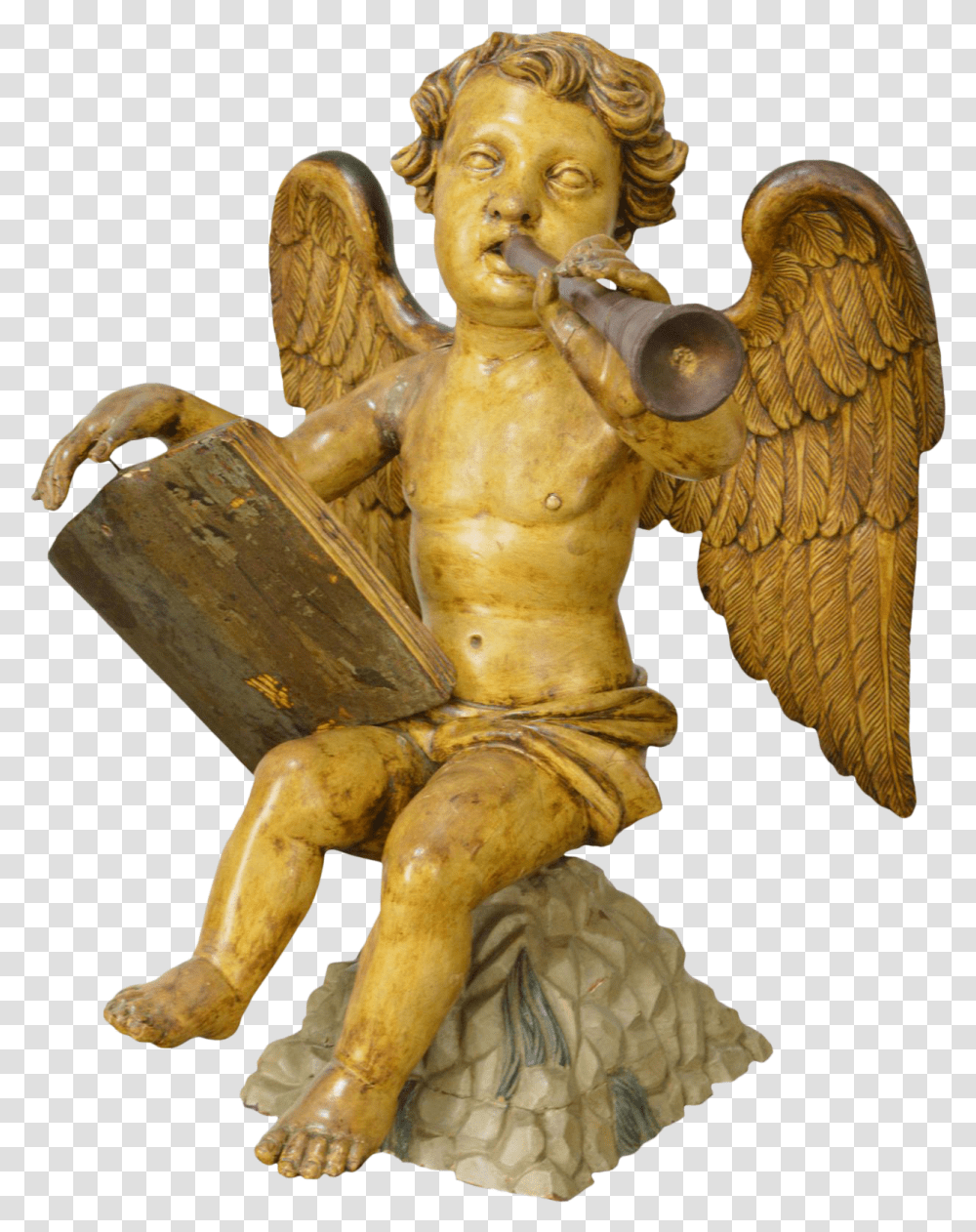 Italian 19th Century Antique Carved Wood Polychrome Angel Statue The Thinker, Figurine, Art, Bronze, Archangel Transparent Png
