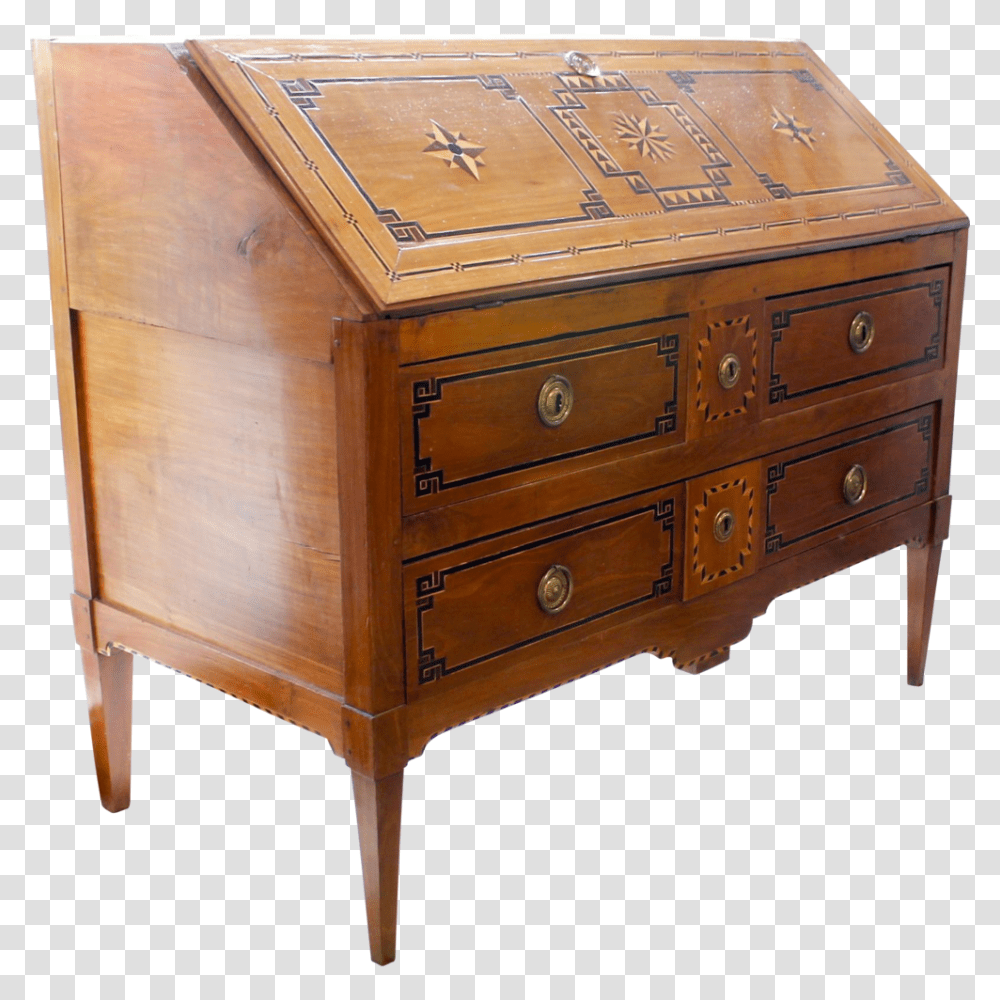 Italian Neoclassical Fruitwood Marquetry Desk End Table, Furniture, Sideboard, Drawer, Cabinet Transparent Png