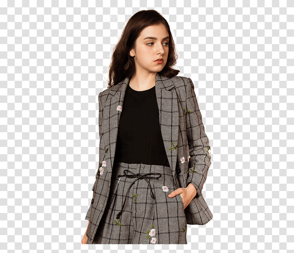 Italy Style Plaid Ladies Coat Pant Suits Embroidered Coat Pant For Ladies, Blazer, Jacket, Person Transparent Png