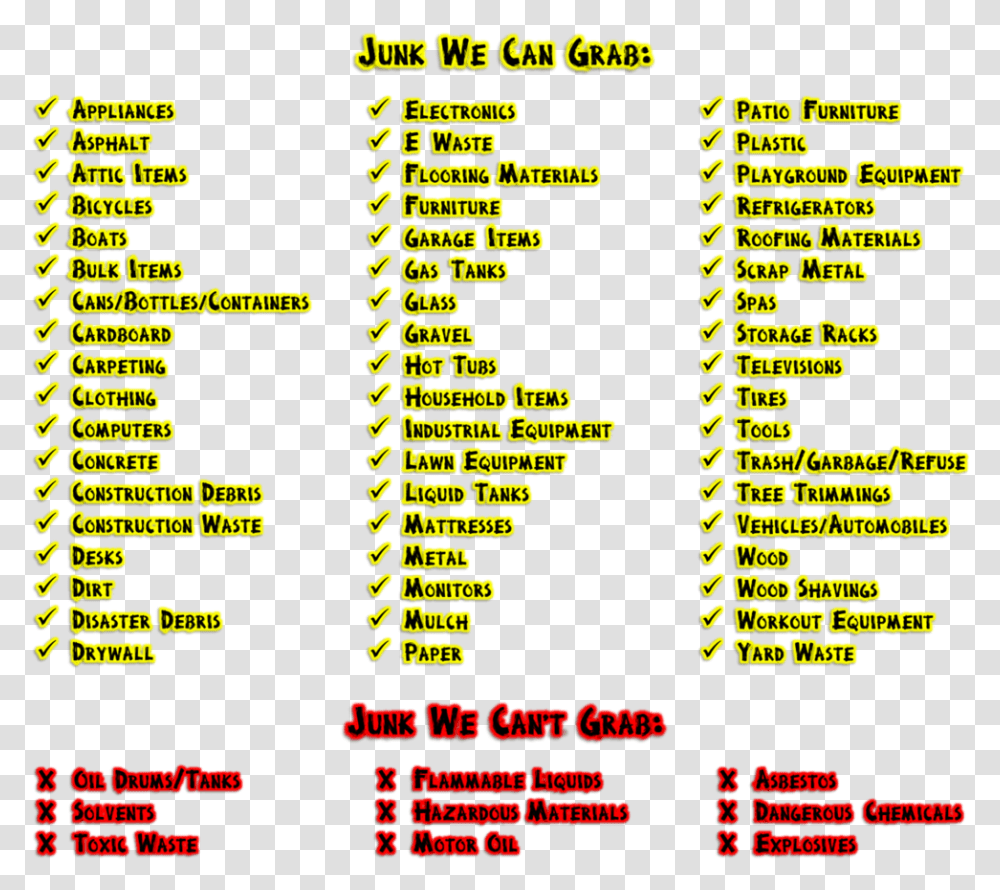 Items We Can Grab List List Of Junk Removal Items, Menu, Pac Man Transparent Png