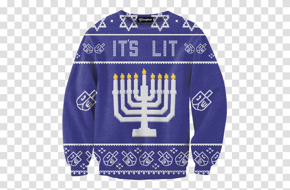 Its Lit Ugly Christmas Sweater Getonfleek Its Lit Hanukkah Sweater, Clothing, Sleeve, Long Sleeve, Sweatshirt Transparent Png