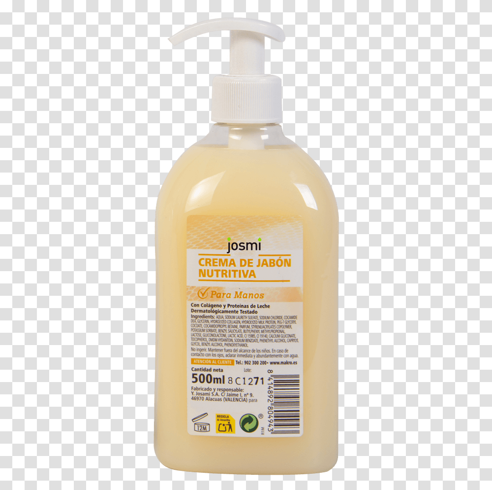 Jabn En Crema Nutritiva De Manos Josmi Milk And Honey Soap, Bottle, Beverage, Cosmetics, Shampoo Transparent Png