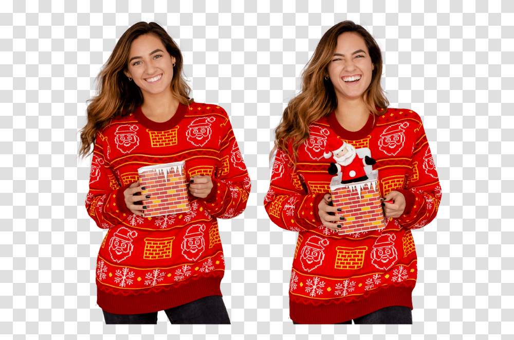 Jack In The Box Santa Claus Adult Red 3d Ugly Christmas Sweater Pajamas, Clothing, Person, Female, Sweatshirt Transparent Png