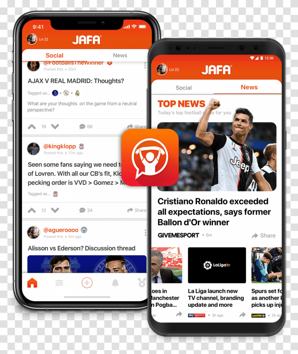 Jafa App Football Fan Opinion & Personalised News We Iphone, Human, Electronics, Mobile Phone, Cell Phone Transparent Png