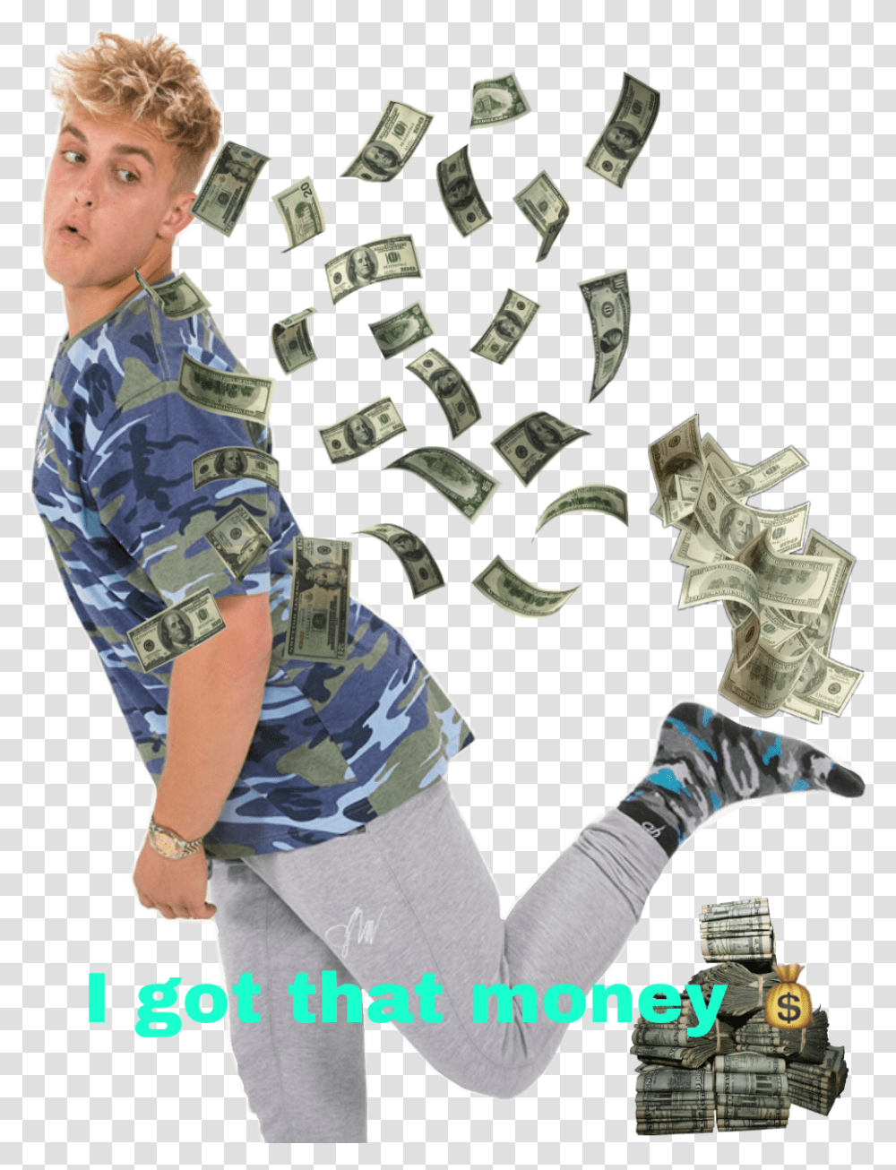 Jake Pauls Got That Money Raining Money Gif, Person, Human, Dollar, Sleeve Transparent Png