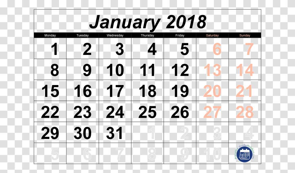 January 2018 Calendar 2017 Aug Calendar, Word, Number Transparent Png