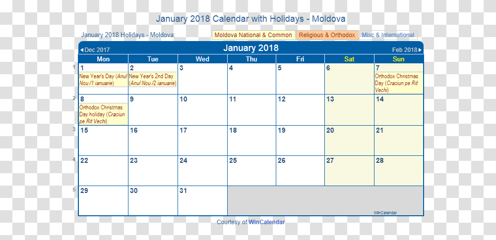 January 2018 Calendar With Moldova Holidays To Print August Calendar 2010 Printable Transparent Png