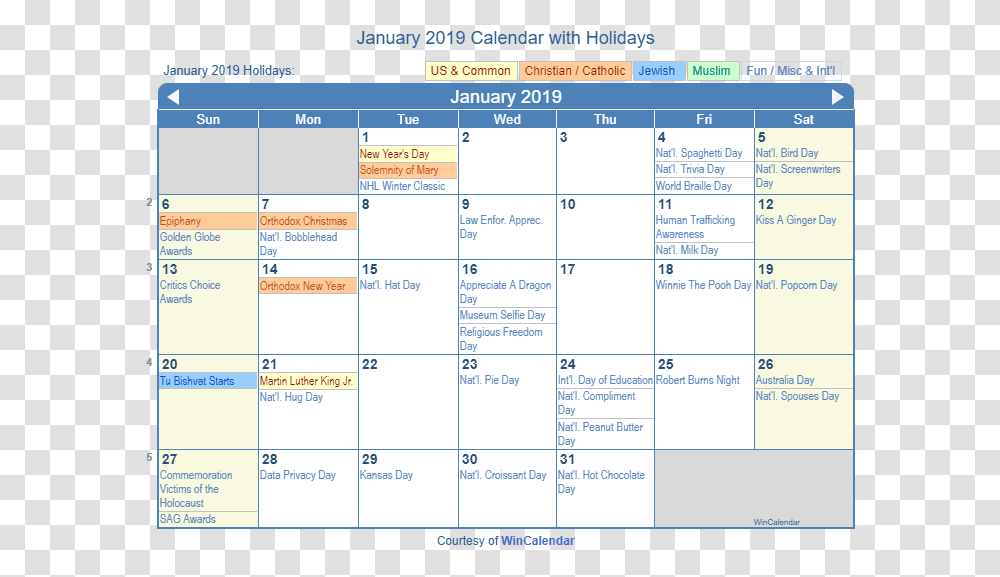 January 2019 Printable Calendar With Us Holidays Holiday October 2019 Calendar, Menu Transparent Png