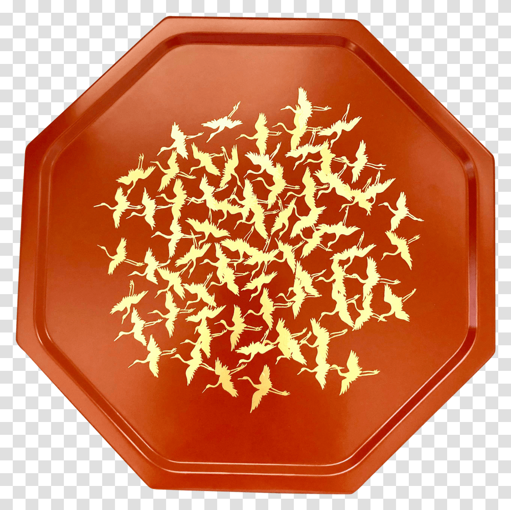 Japanese Lacquer Tray Plate Orange Red Coral Gold Foil Flying Cranes Antique Octagon Geometric 12 Inch Platter Transparent Png