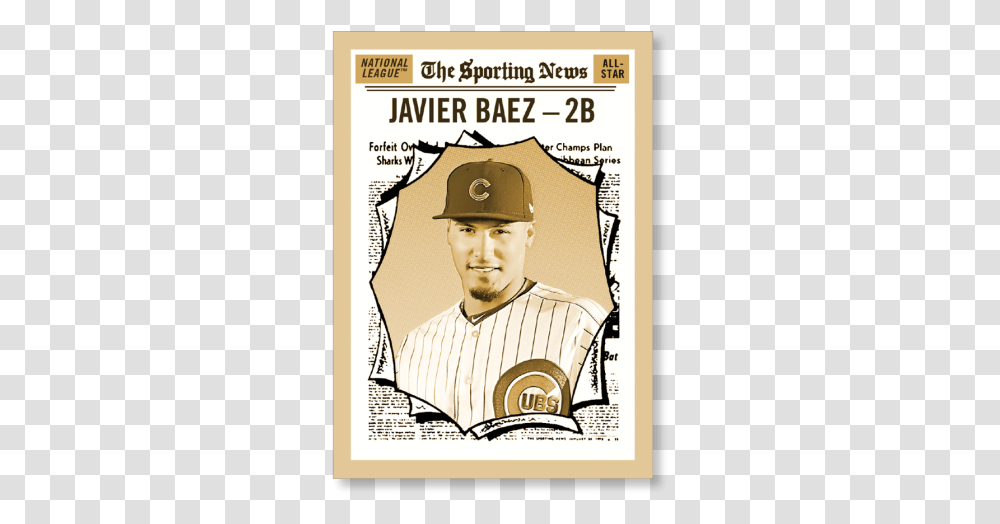 Javier Baez 2019 Heritage Baseball Base Poster Gold 2019 Topps Heritage The Sporting News, Person, Athlete, People, Hat Transparent Png