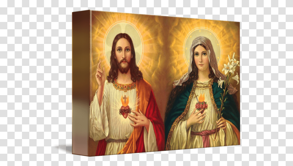 Jesus Christ And Virgin Mary Art Sacred Heart Of Jesus And Mama Mary, Person, Clothing, Building, Worship Transparent Png