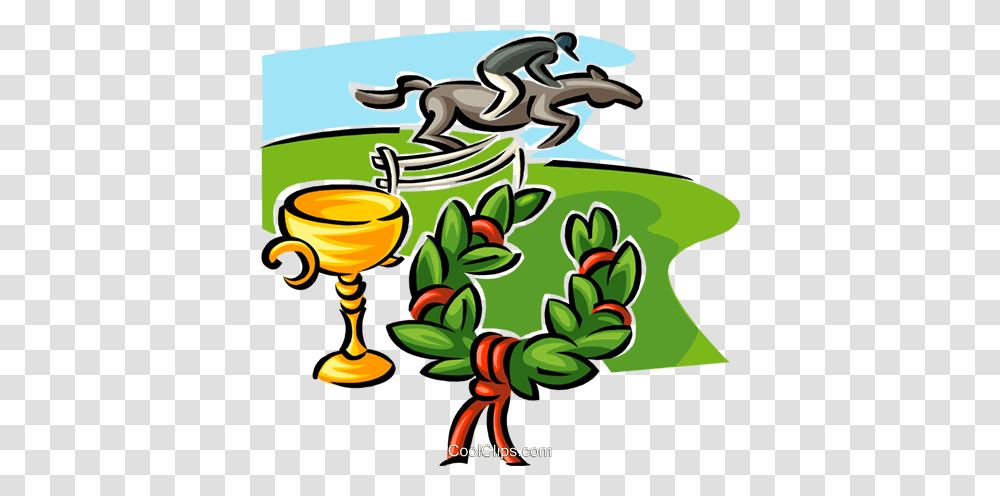 Jockey On Horse Trophy And Wreath Royalty Free Vector Clip Art, Outdoors, Animal, Drawing, Plant Transparent Png