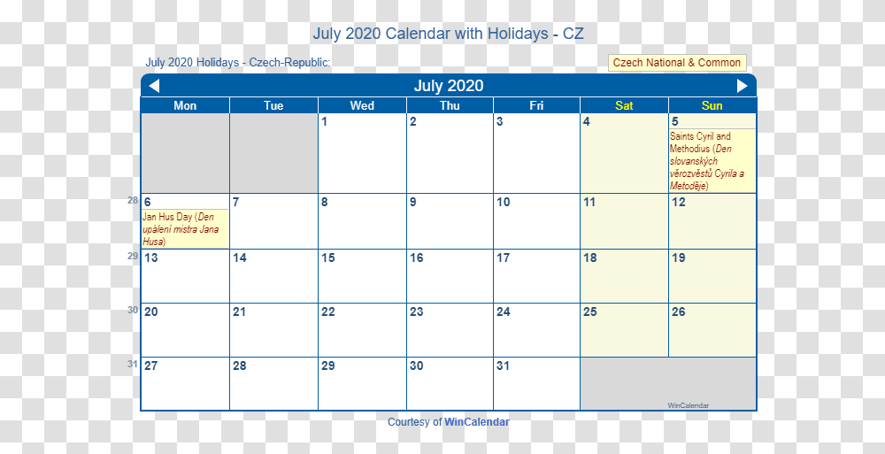 July 2020 Calendar With Cz Holidays February Calendar 2020 With Holidays, Monitor, Screen, Electronics Transparent Png