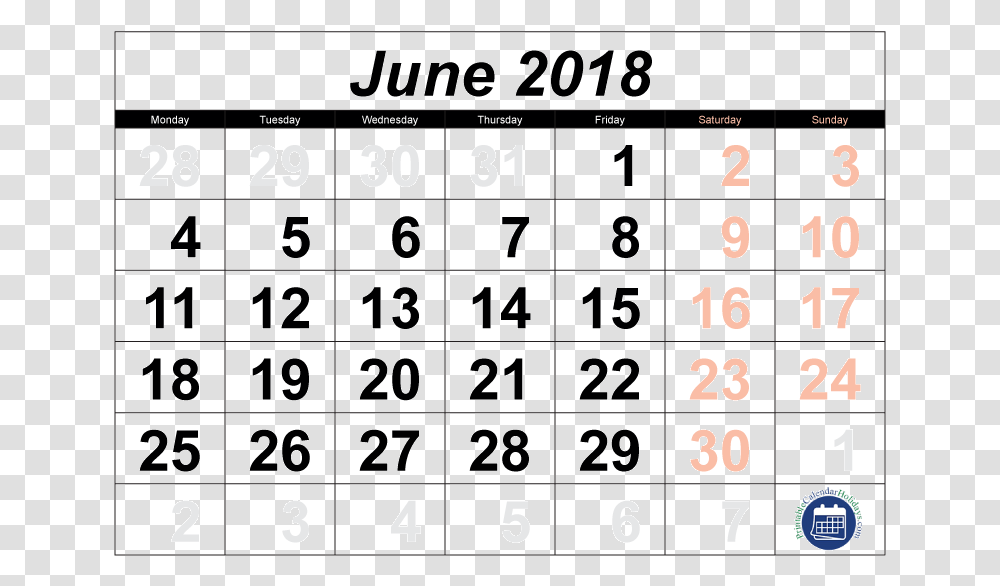 June 2018 Calendar, Number, Word Transparent Png