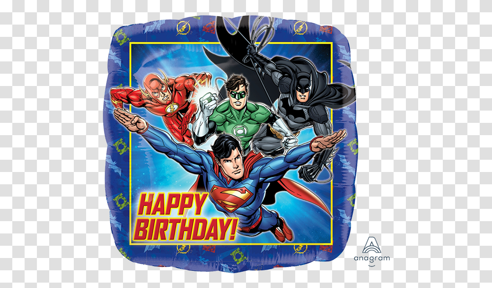 Justice League Happy Birthday Balloon Feliz Liga De La Justicia, Helmet, Clothing, Apparel, Person Transparent Png