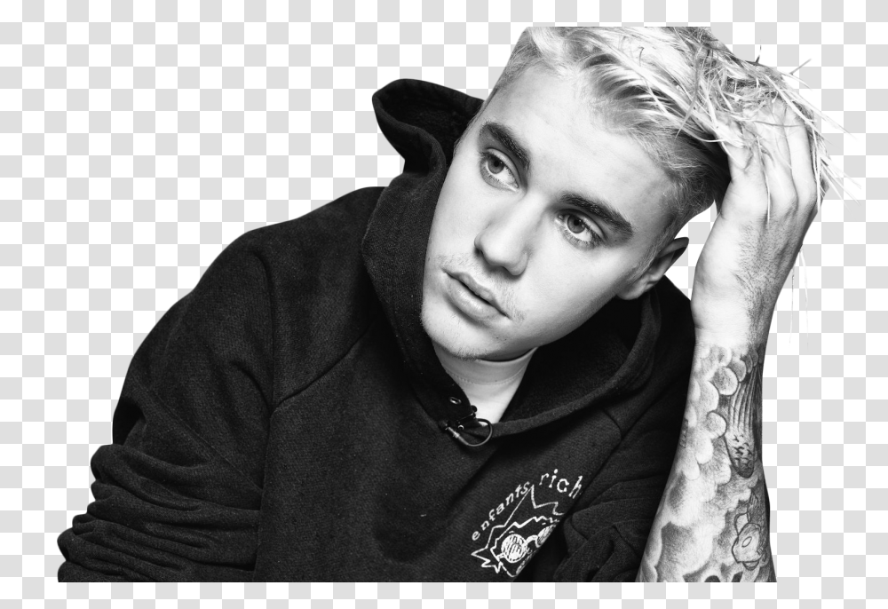 Justin Bieber Black White Image Black And White Singers, Skin, Person, Face, Clothing Transparent Png