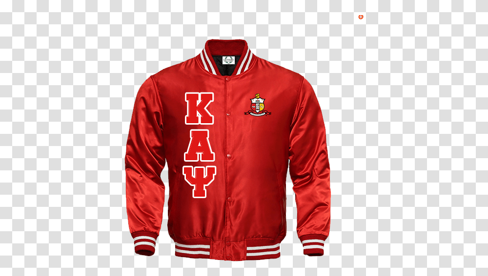 Kappa Alpha Psi Satin Baseball Bomber Jacket Red Satin Varsity Jacket, Apparel, Coat, Person Transparent Png