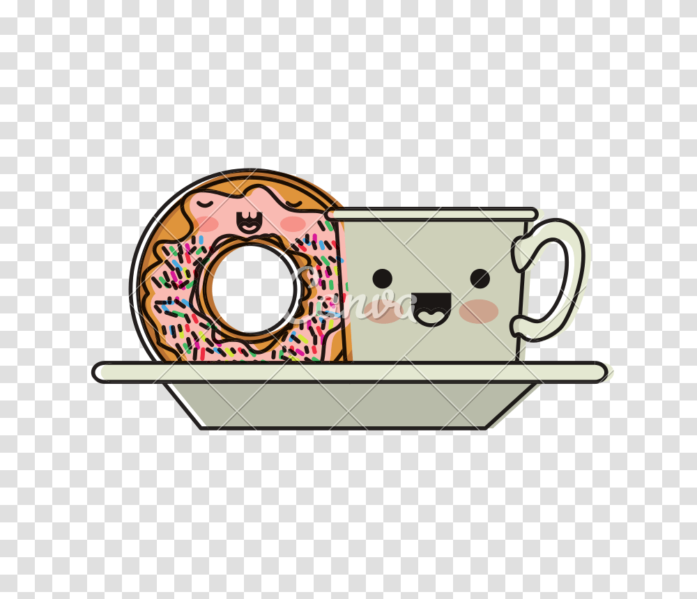 Kawaii Coffee Cup And Donut With Cream Glaze On Dish In Watercolor, Meal, Food, Pottery, Bowl Transparent Png