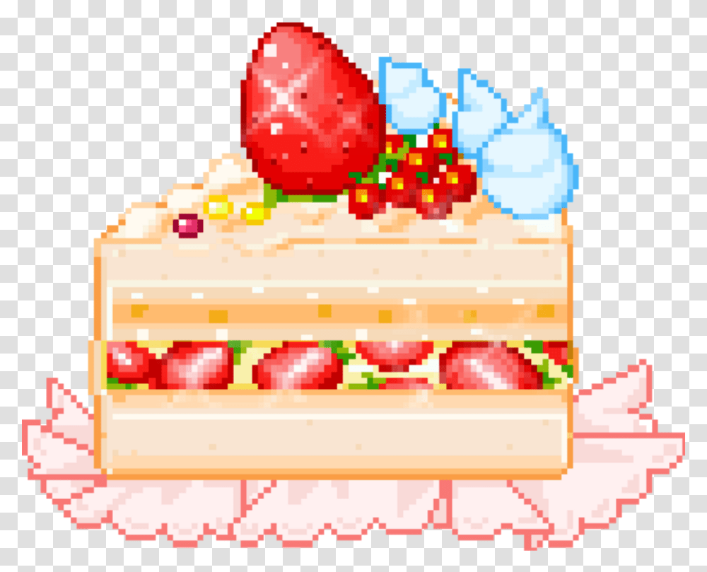 Kawaii Food Cake Pixelated Cute Foodkawaii Pixel Strawberry Cake, Dessert, Torte, Plant, Fruit Transparent Png