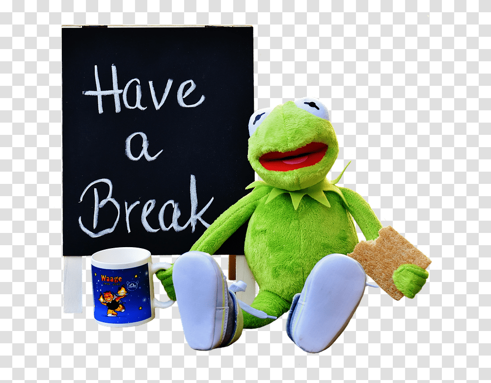 Kermit Cup Drink Coffee Break Coffee Break Sjov Pause, Toy, Blackboard, Plush Transparent Png