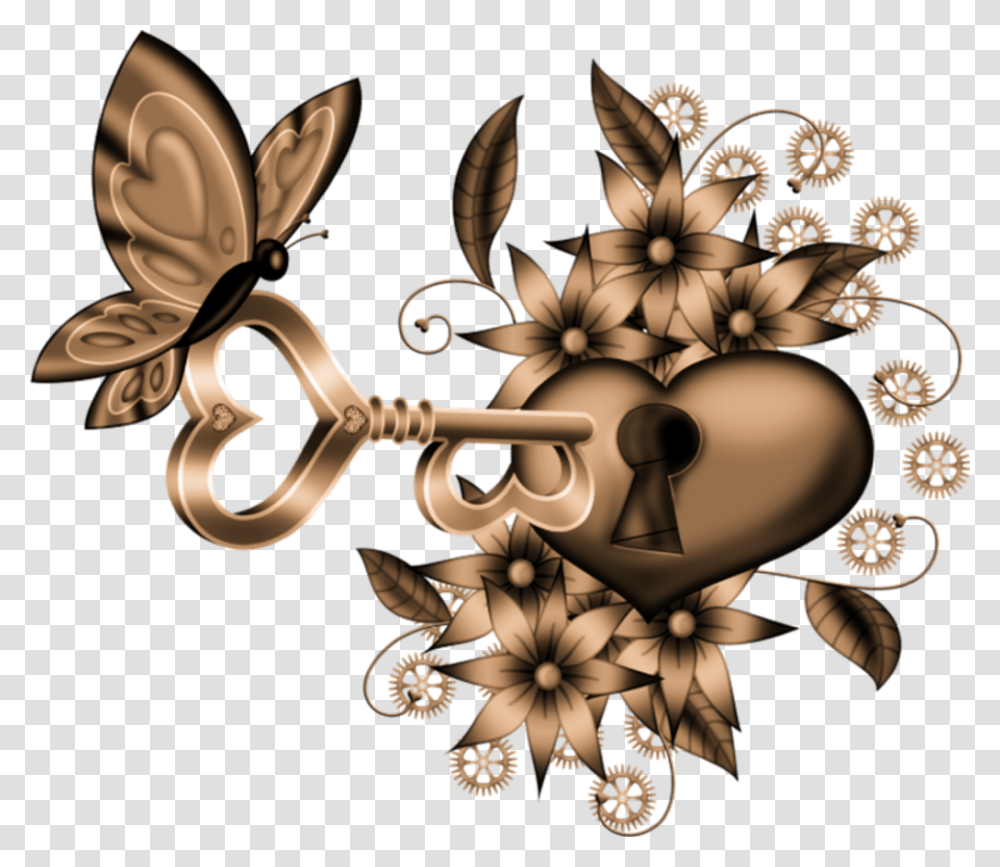 Key Heart Butterfly Steampunk Scrapelement, Chandelier, Lamp, Floral Design Transparent Png