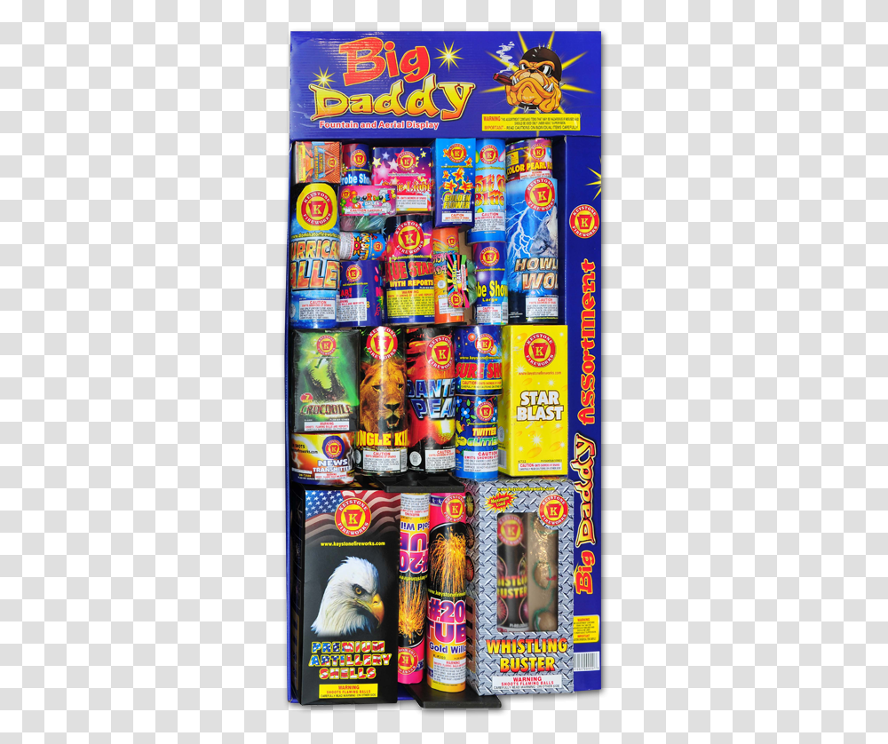 Keystone Fireworks Assortment Big Daddy Fireworks Packs, Bird, Tin, Shelf, Machine Transparent Png