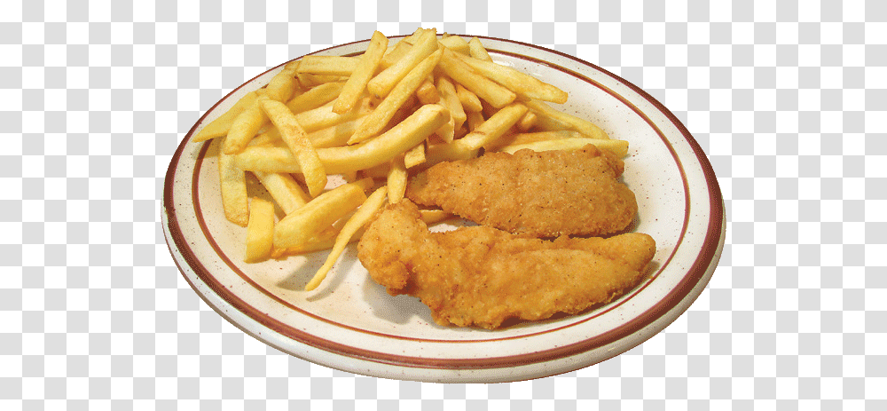 Kids Entree Chicken Tenders Fish And Chips, Food, Fries, Dish, Meal Transparent Png