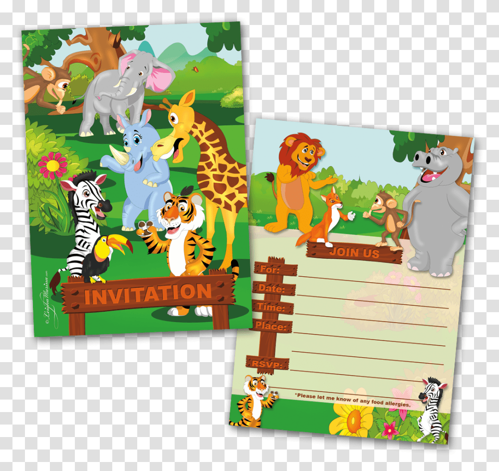 Kids Party Invitation Cards Jungle Animals Themed Birthday Invitation Card Jungle Theme, Game, Doodle, Drawing, Jigsaw Puzzle Transparent Png
