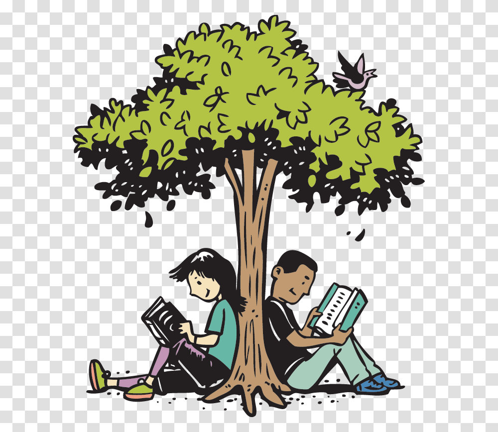 Kids Reading Under A Tree, Person, Poster, Book, Plant Transparent Png