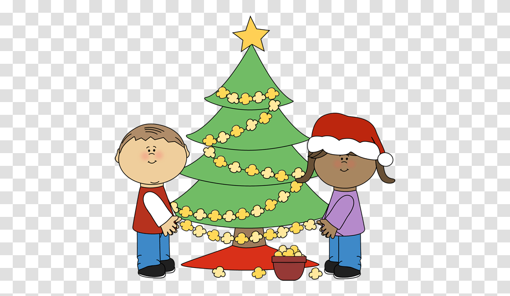 Kids Stringing Popcorn On Christmas Tree Clip Art Winter, Plant, Ornament, Star Symbol Transparent Png