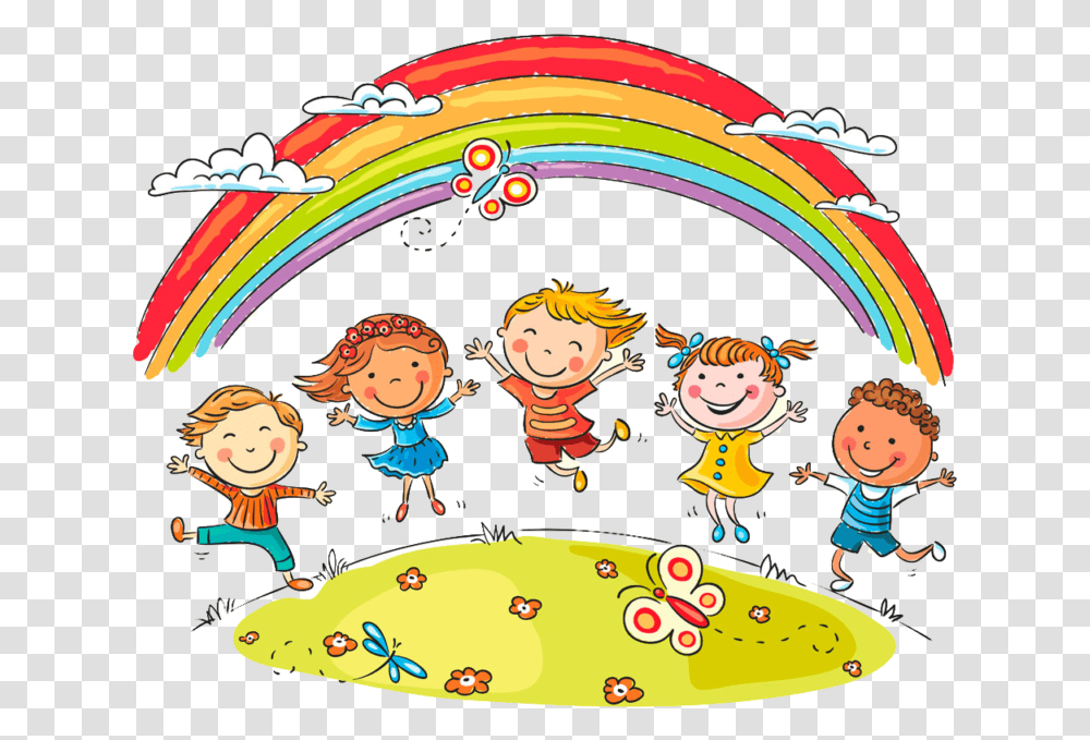 Kindergarten Clipart Fun Rainbow Children, Crowd, Drawing, Leisure Activities Transparent Png