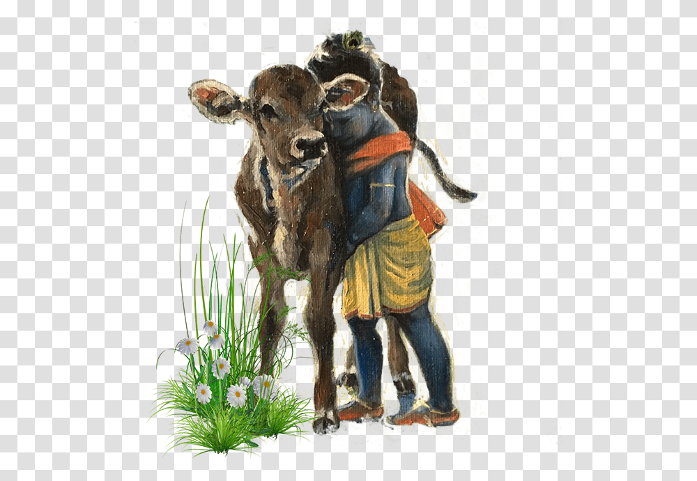 Krishna Painting With Cow, Cattle, Mammal, Animal, Plant Transparent Png