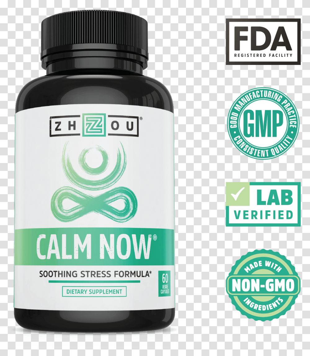 Lab Verified Non Gmo Calm Now Soothing Stress Formula Zhou Nutrition, Bottle, Label, Cosmetics Transparent Png
