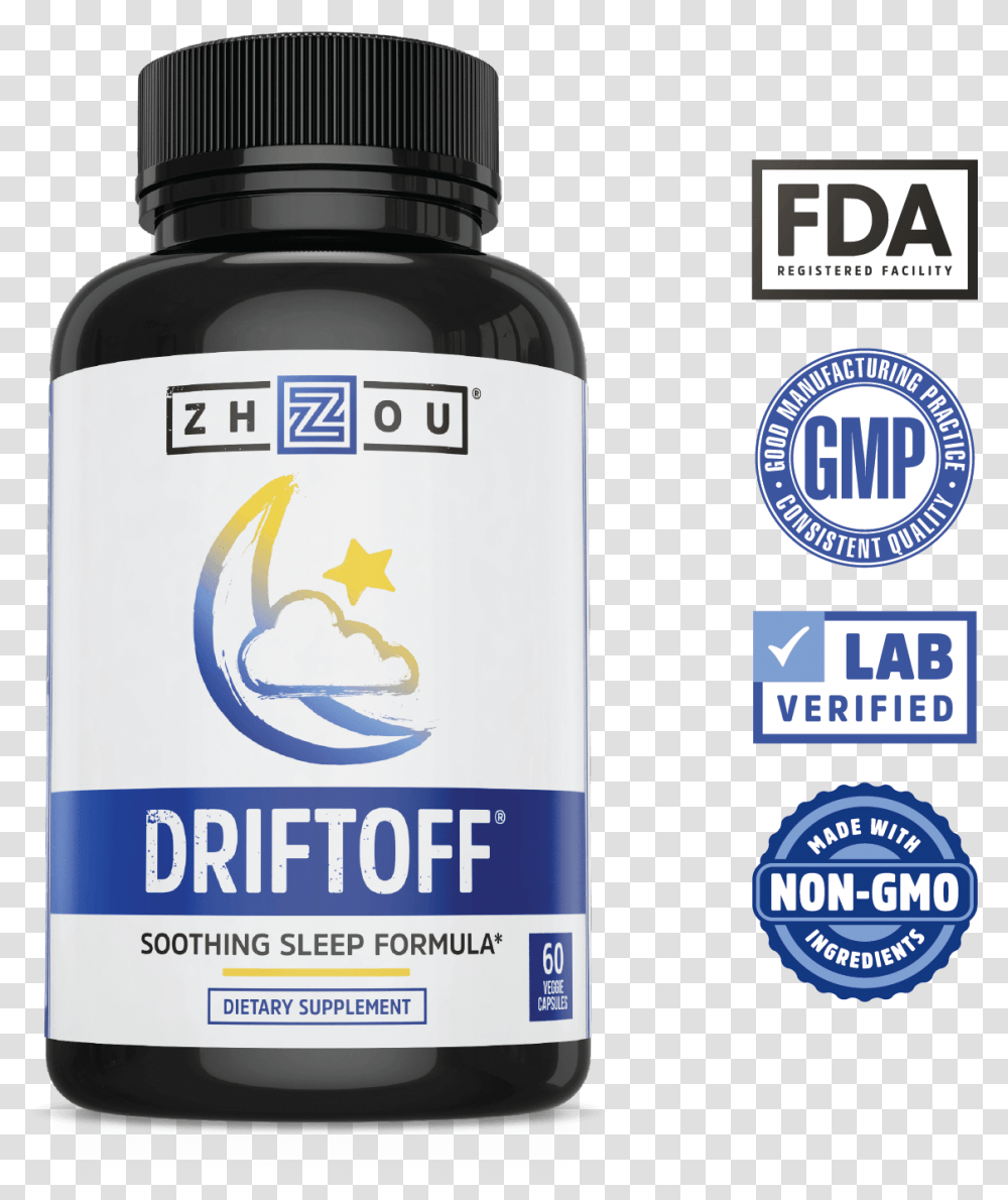 Lab Verified Non Gmo Driftoff Soothing Sleep Formula Driftoff Premium Sleep Aid, Bottle, Label, Ink Bottle Transparent Png