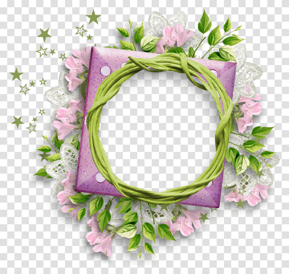 Lace Borders Round Frame With Flowers, Wreath, Green Transparent Png