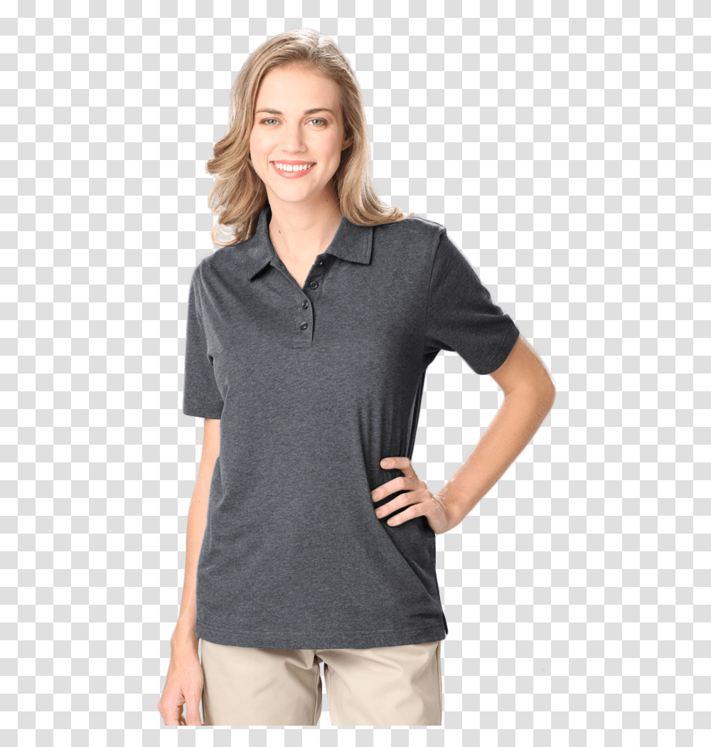 Ladies Heathered Wicking Polo Polo Shirt, Apparel, Sleeve, Person Transparent Png