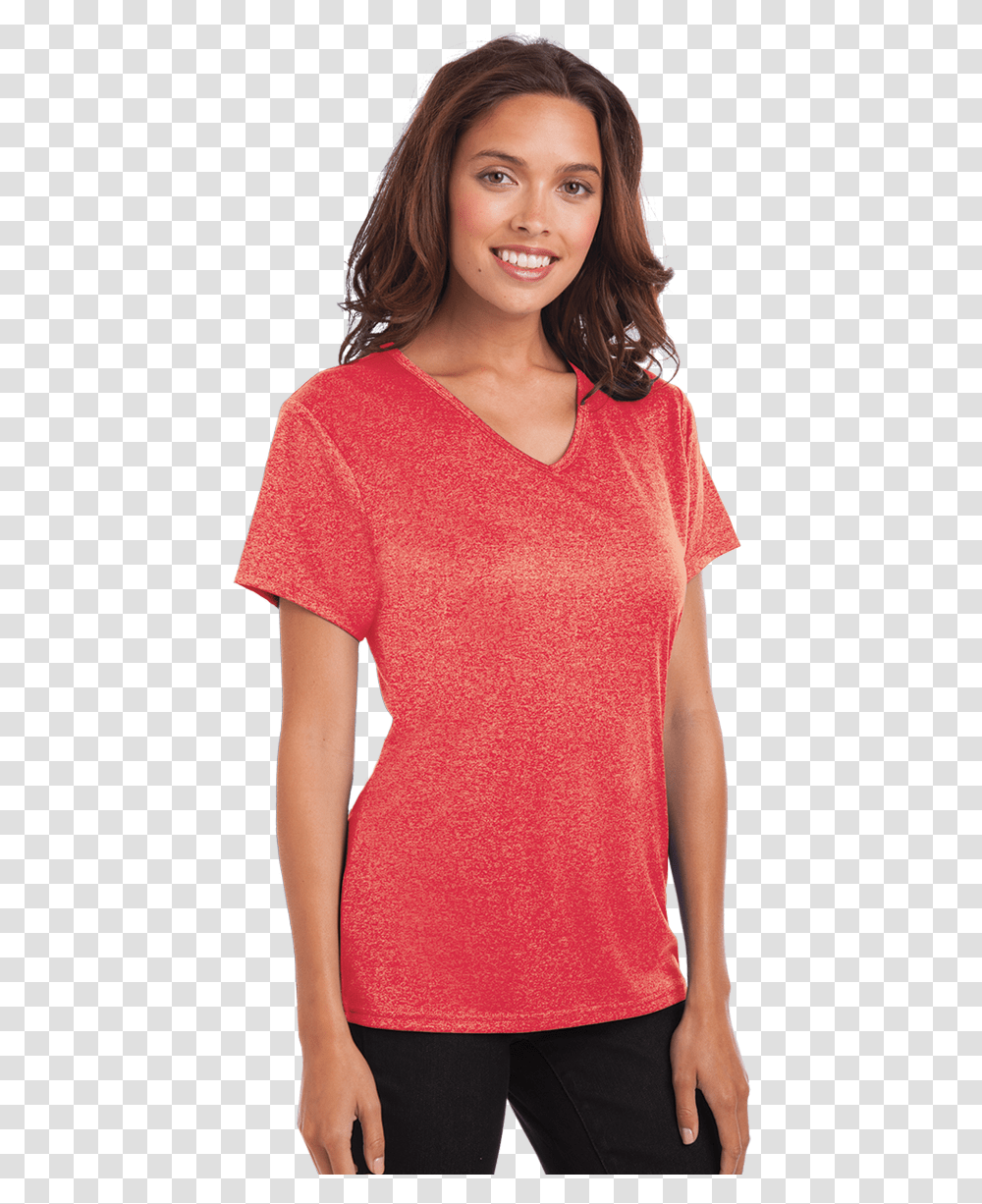 Ladies Heathered Wicking Tee Coral T Shirt Women, Person, Sleeve, Home Decor Transparent Png