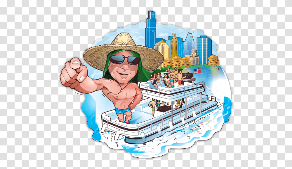 Lake Travis Party Bargepontoon Boat Rentals With Good Cartoon, Hat, Sunglasses, Person Transparent Png
