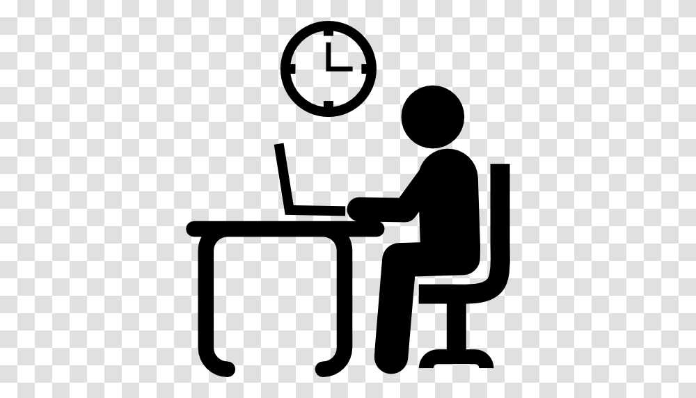 Laptop Clock Desk Humanpictos Man Sitting Study Studying, Gray, World Of Warcraft Transparent Png