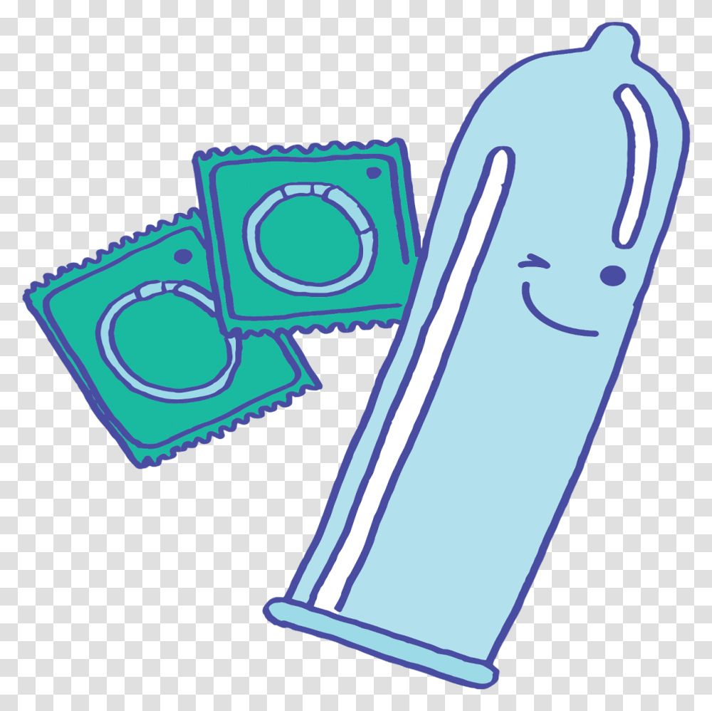 Large Cartoon Blue Condom With 2 Packaged Condoms For, Bottle, Scissors, Blade, Weapon Transparent Png