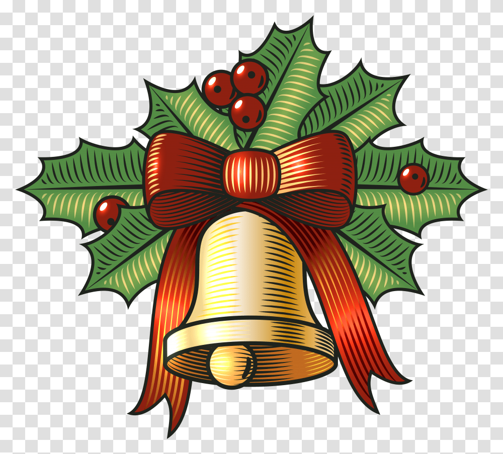 Large Christmas Bell With Holly Clip Art Image Clip Art Christmas Bells Holly, Pattern, Ornament, Fractal Transparent Png